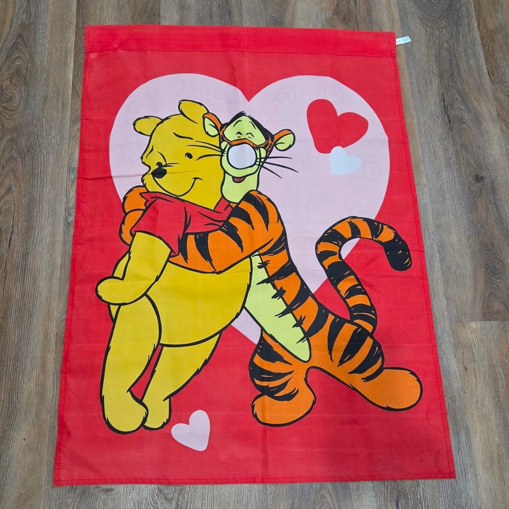 Vintage Disney Winnie the Pooh Tigger Heart House Flag Banner 29x41 Red Hugging